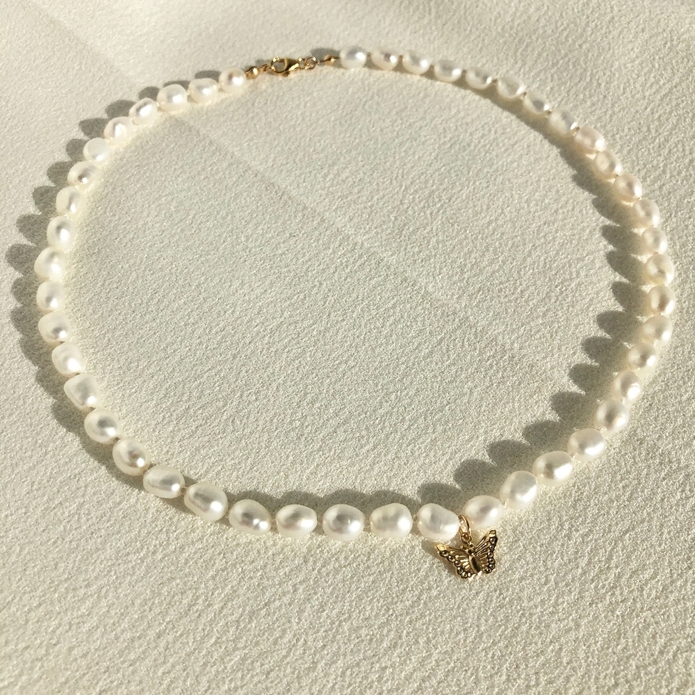 Real Pearl necklace with Gold-filled Butterfly Charm